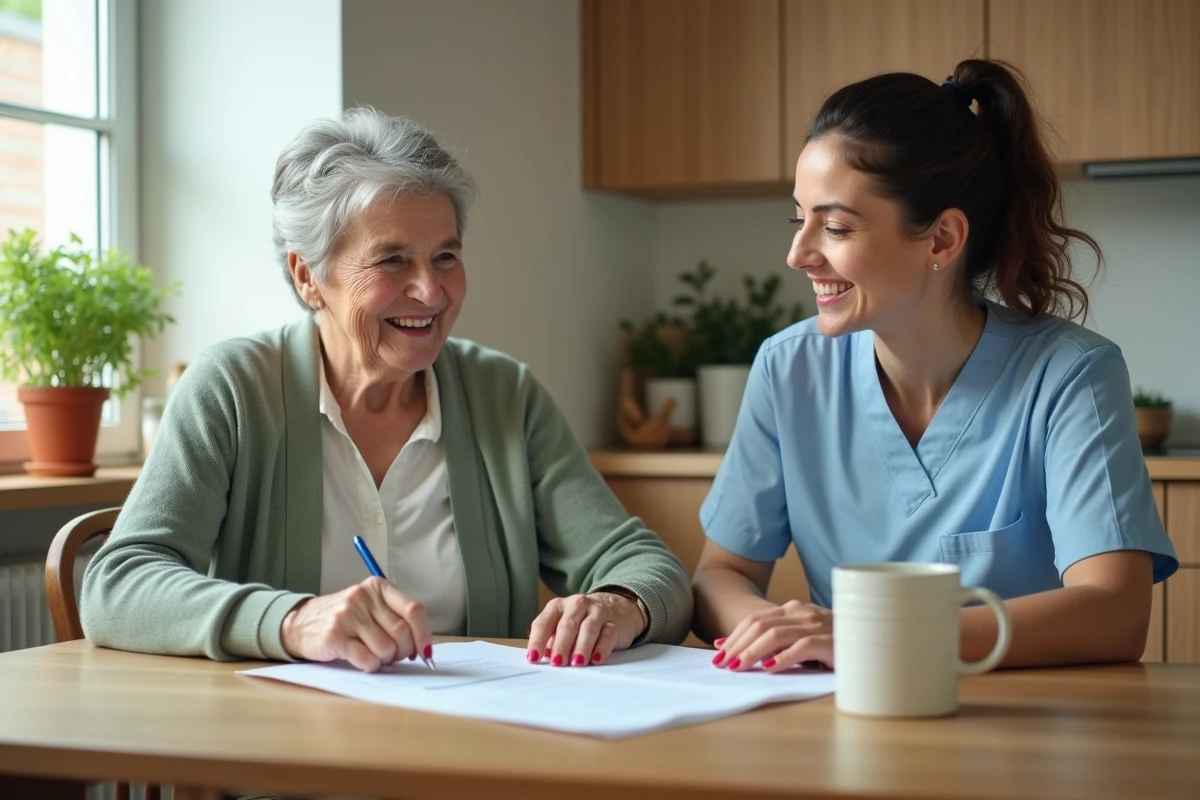 Une accompagnatrice Green Seniors en visite à domicile discute d'un plan de soins personnalisé avec une femme âgée dans sa cuisine