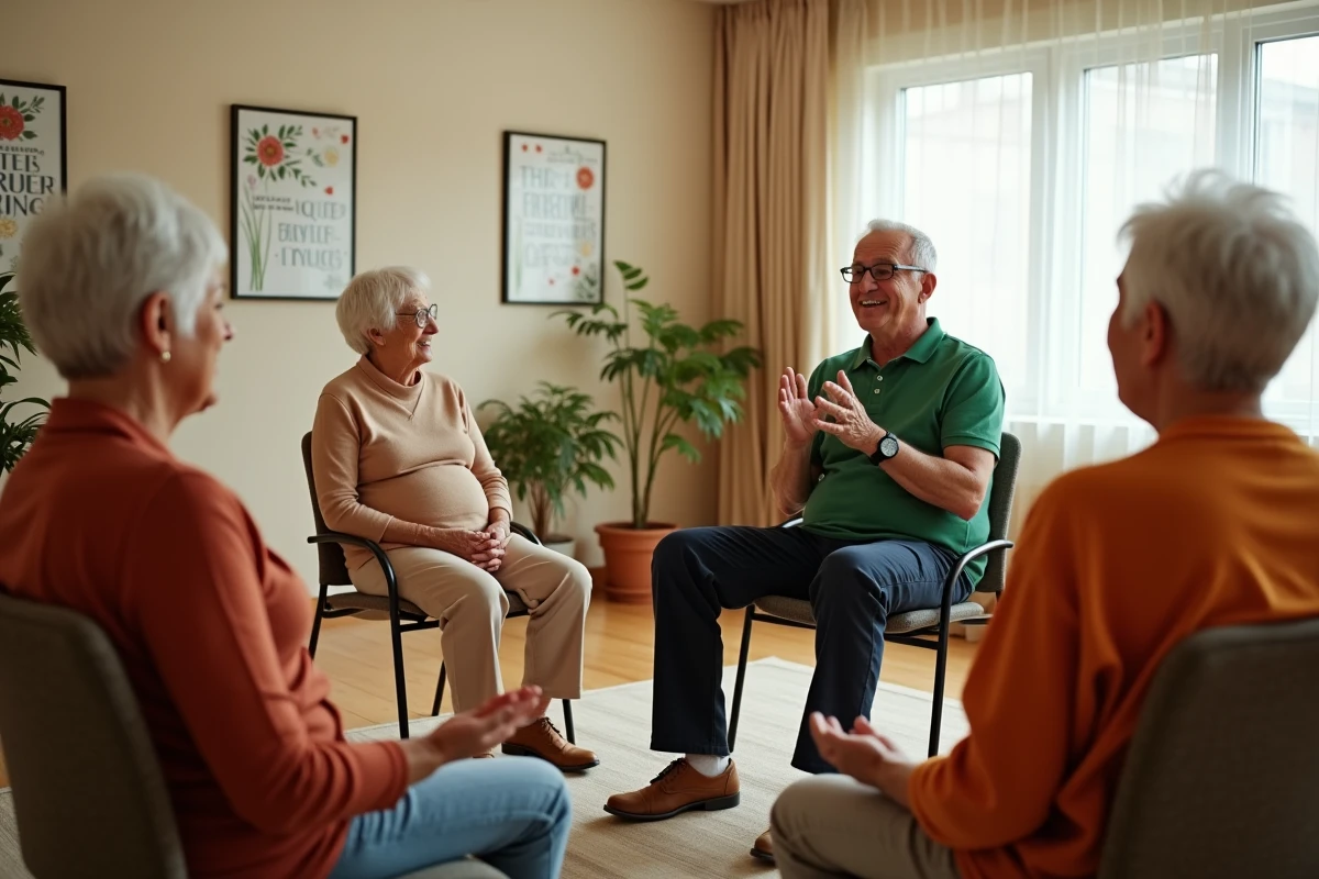 Groupe de seniors participant à une activité de bien-être animée par un accompagnateur Green Seniors dans un espace communautaire