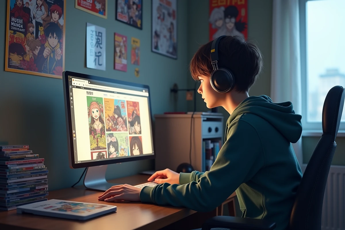 Adolescent regardant manga sur son ordinateur dans sa chambre