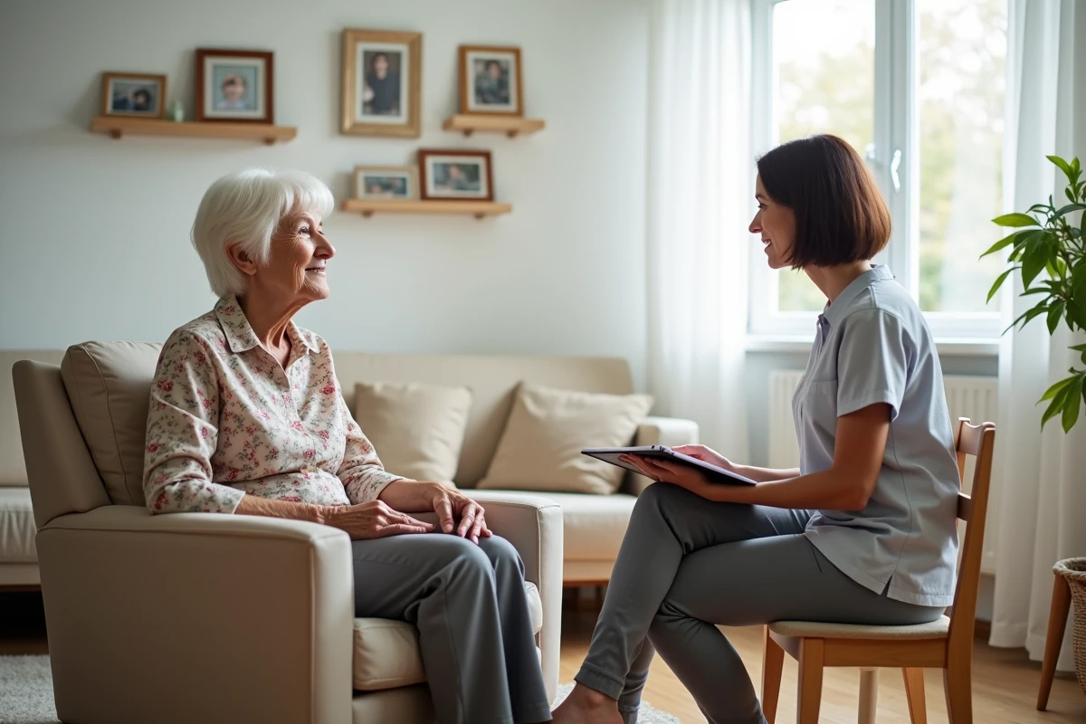 Une aide à domicile écoute attentivement une dame âgée dans son salon, représentant l'accompagnement et le soutien aux seniors