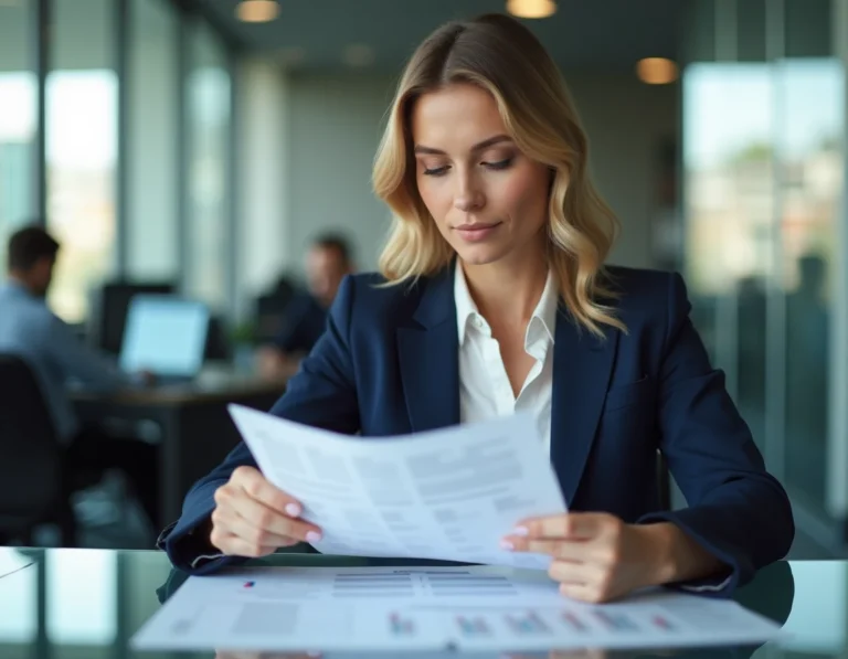 Analyste financière dans un cabinet Big 4 examinant des tableaux comparatifs de salaires sur un bureau en verre dans un open space moderne