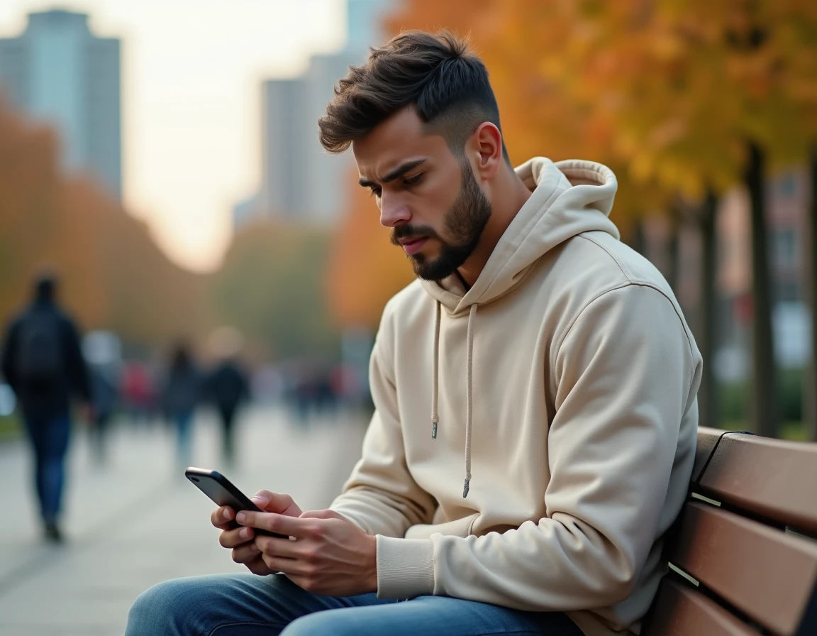 Jeune homme en extérieur vérifiant un appel manqué d'un numéro de téléphone inconnu sur son mobile