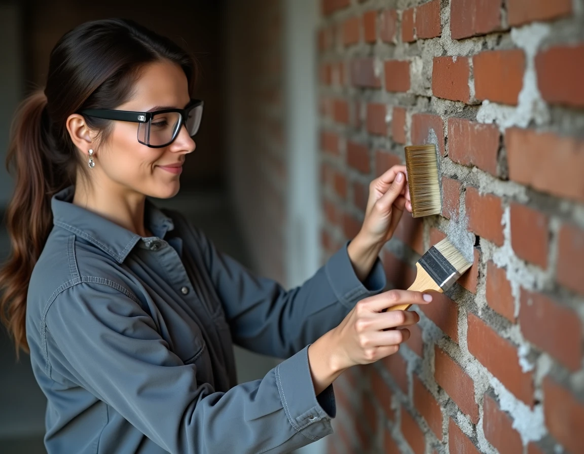 Femme appliquant un produit anti-salpêtre sur un mur de cave en brique avec un pinceau large et des lunettes de protection