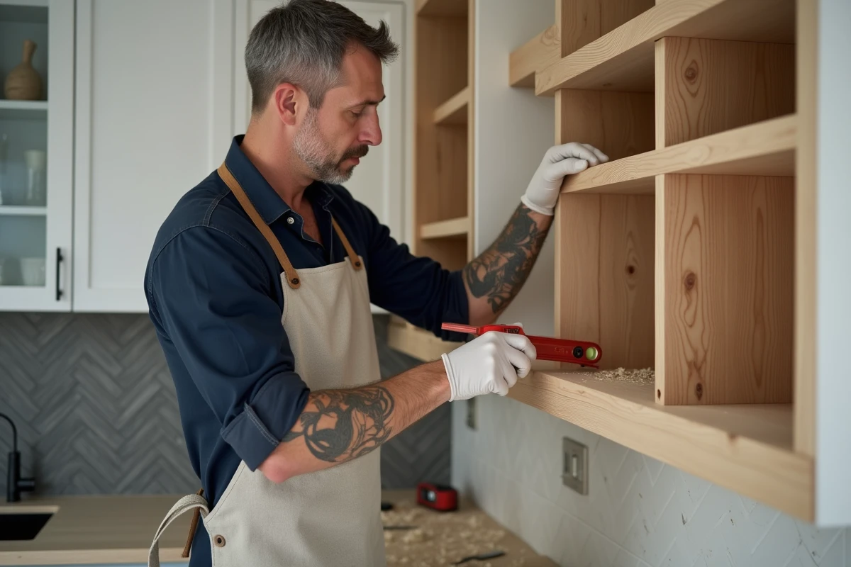 Artisan professionnel installant des étagères en bois sur mesure dans une cuisine moderne lors d'un service d'aménagement intérieur