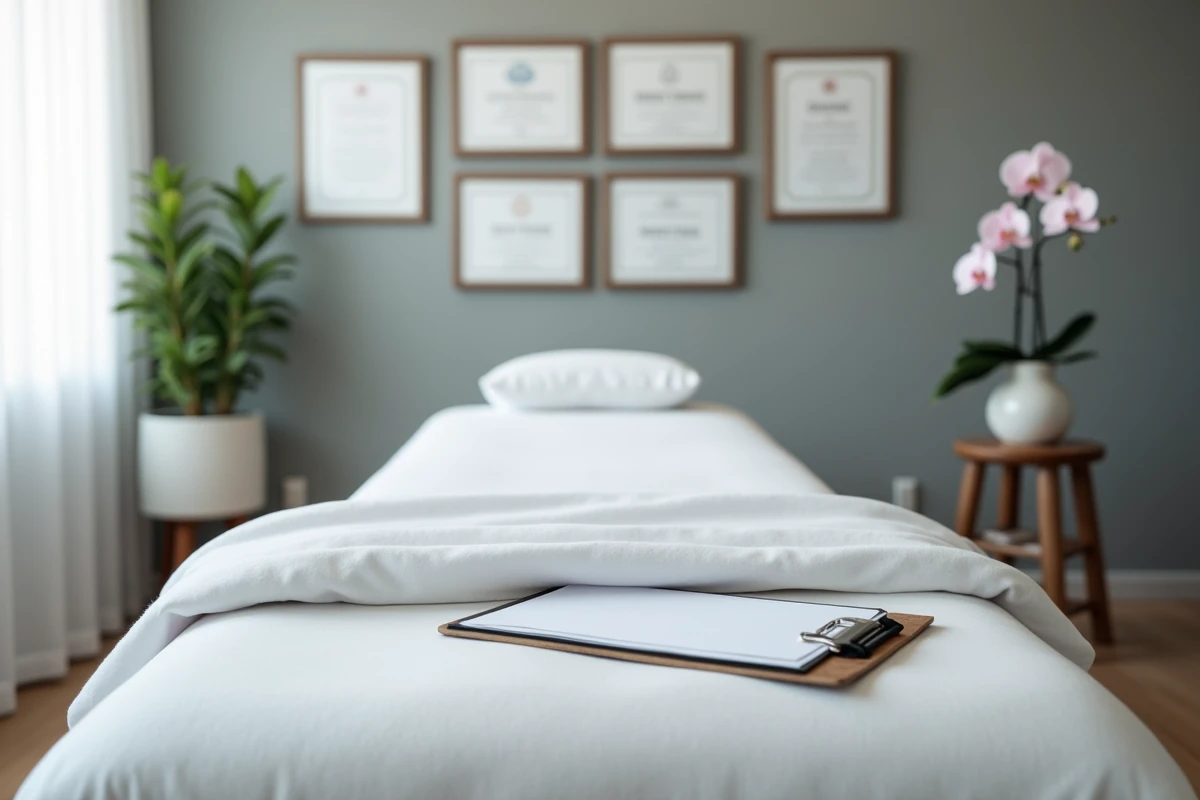 Cabinet de bien-être professionnel avec table de massage et certifications encadrées évoquant expertise et confiance