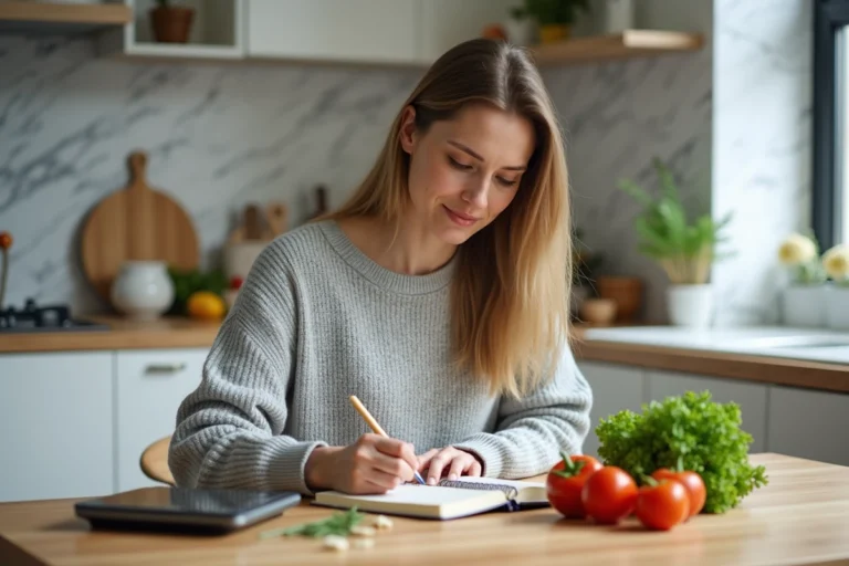 Femme calculant ses points WW dans un carnet entourée d'aliments frais sur une table en bois dans une cuisine moderne