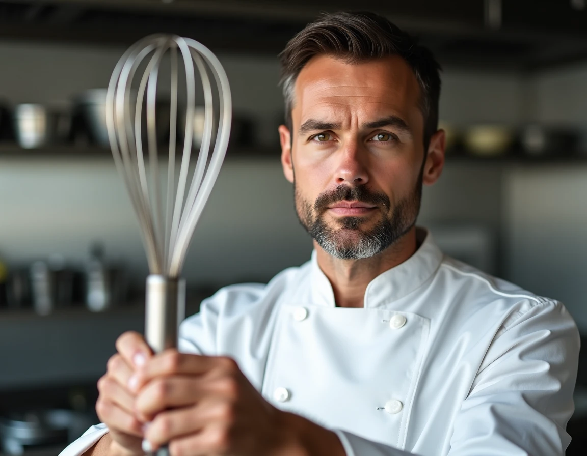 Chef tenant un fouet ballon en inox à hauteur des yeux pour en examiner la qualité avant de préparer une mayonnaise maison