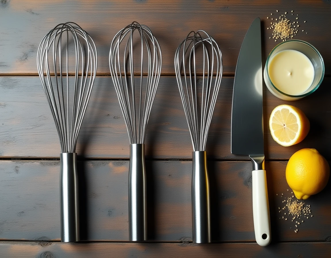 Vue du dessus de quatre types de fouets de cuisine différents disposés sur une table en bois avec un bol de mayonnaise et des ingrédients