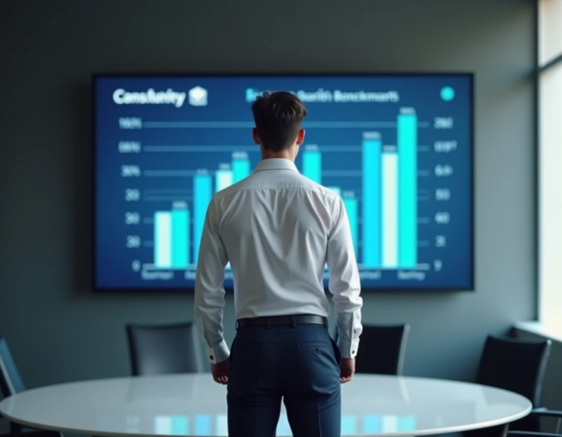 Consultant debout devant un écran de présentation affichant des benchmarks de rémunération dans les cabinets de conseil Big 4 en salle de réunion