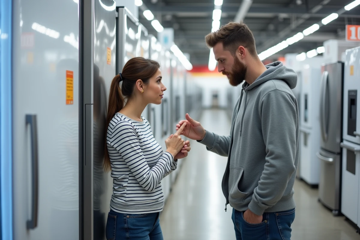 Couple choisissant un surgélateur dans un magasin d'électroménager en consultant l'étiquette énergie