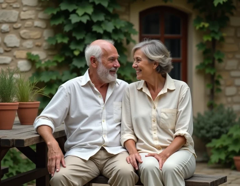 Couple discret et authentique assis dans un jardin français, partageant un moment complice et intime sur un banc en bois