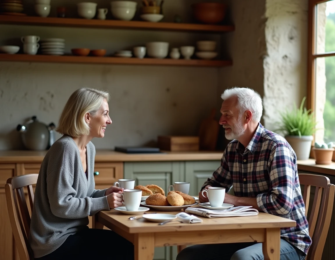 Couple partageant un petit-déjeuner simple et intime dans une cuisine de ferme française rustique, atmosphère authentique et chaleureuse