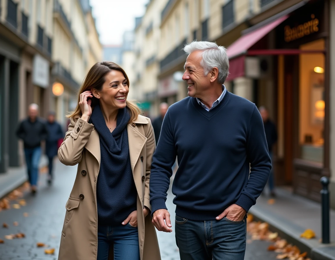 Couple élégant et complice se promenant dans une rue parisienne pavée en automne, capturé dans un moment naturel et spontané