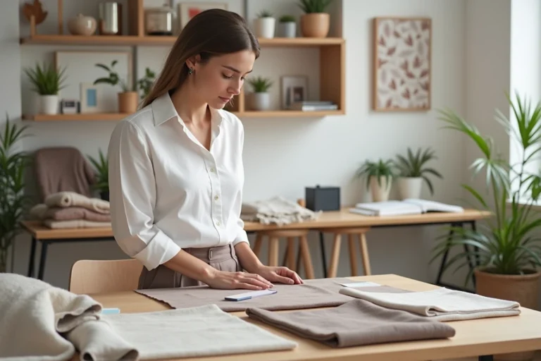Designer d'intérieur présentant des échantillons de matériaux et tissus dans un showroom moderne pour un service de décoration intérieure