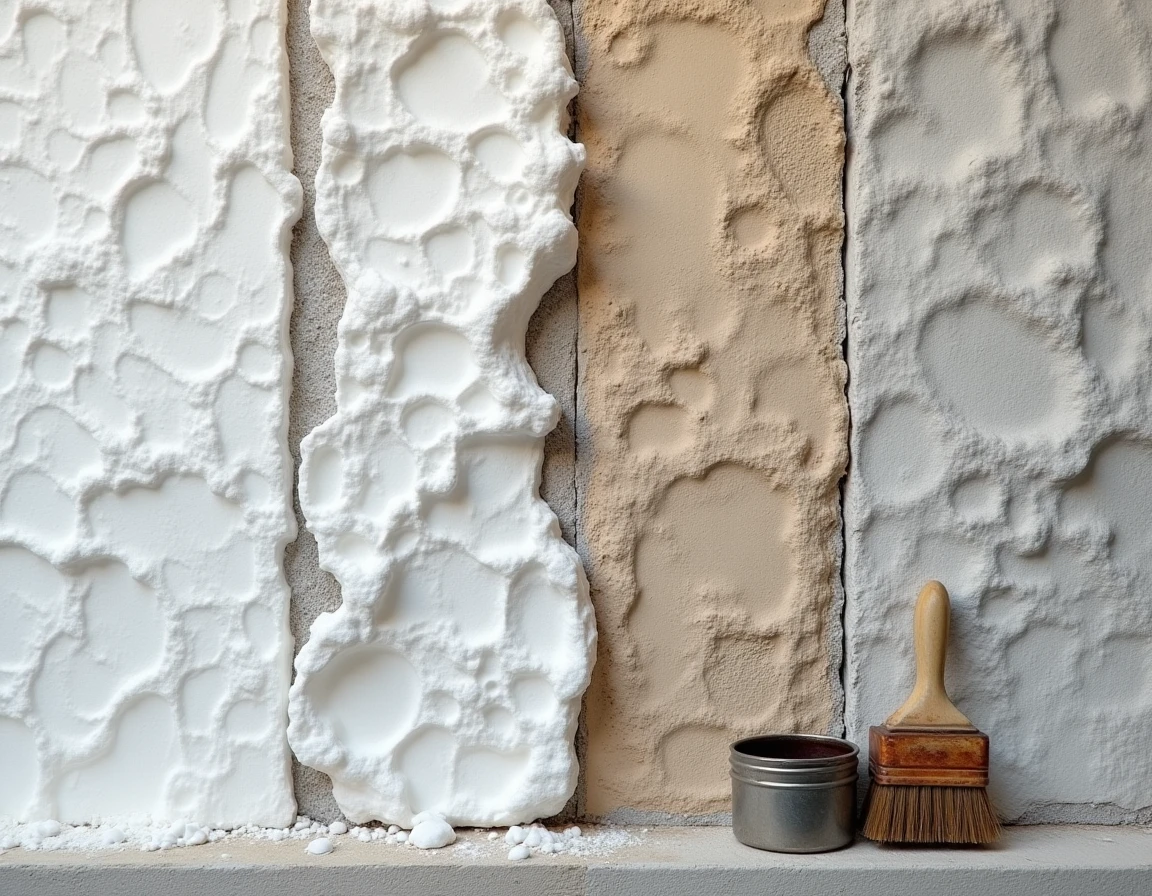 Gros plan sur un mur de cave avec différentes étapes de traitement du salpêtre, brosse métallique et produit d'imperméabilisation posés sur le rebord