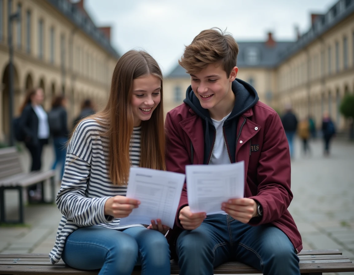 Deux lycéens en seconde qui comparent leurs notes et leurs moyennes scolaires dans la cour du lycée