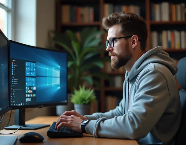 Développeur masculin travaillant sur un ordinateur affichant une interface Windows moderne dans un bureau à domicile épuré