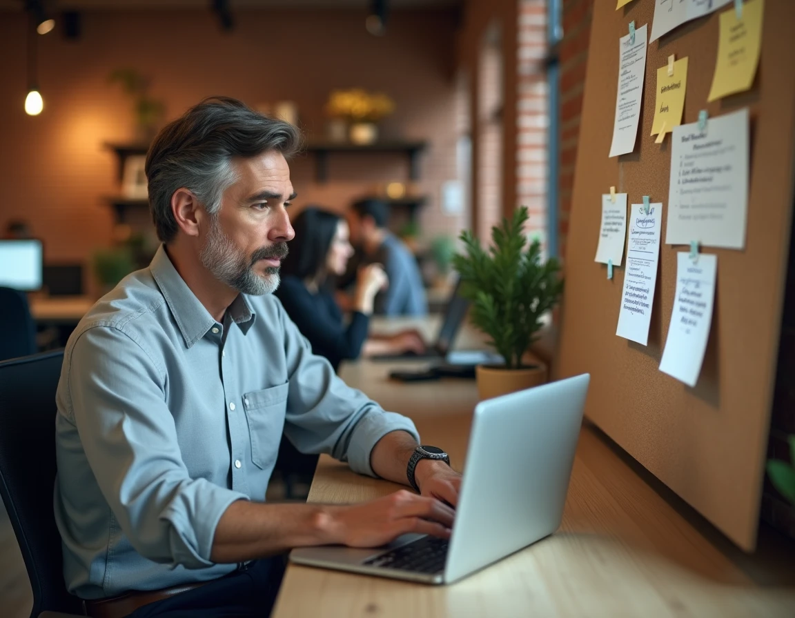 Entrepreneur concentré travaillant sur des propositions de partenariat B2B dans un espace de coworking moderne