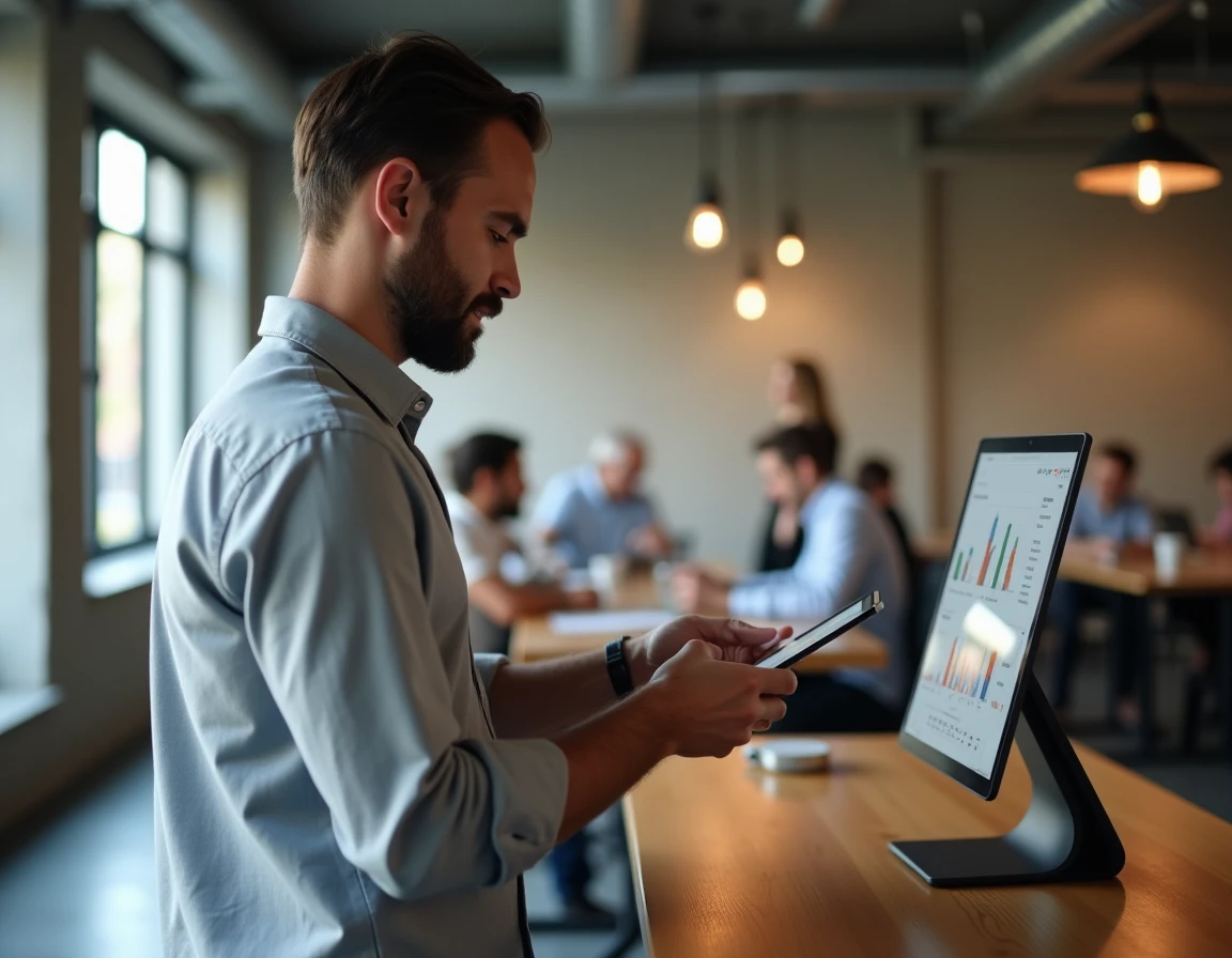 Entrepreneur masculin utilisant une tablette dans un espace de coworking moderne pour gérer ses services en ligne