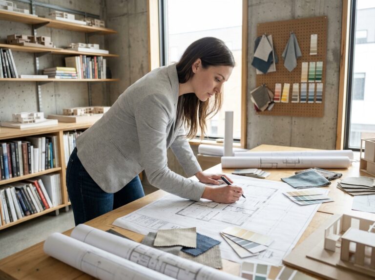 Étudiante en architecture d'intérieur penchée sur des plans techniques dans un studio de design avec échantillons de matériaux