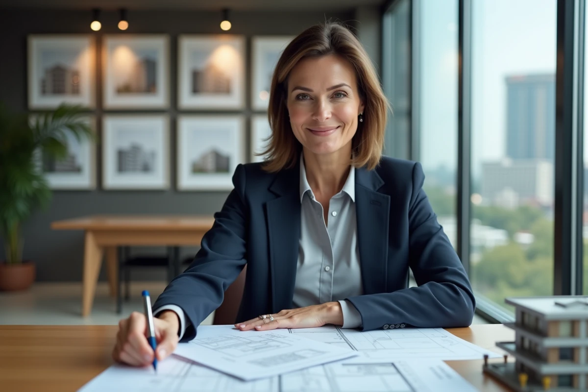 Femme d'affaires analysant des plans immobiliers et des documents financiers dans un bureau moderne avec vue sur la ville