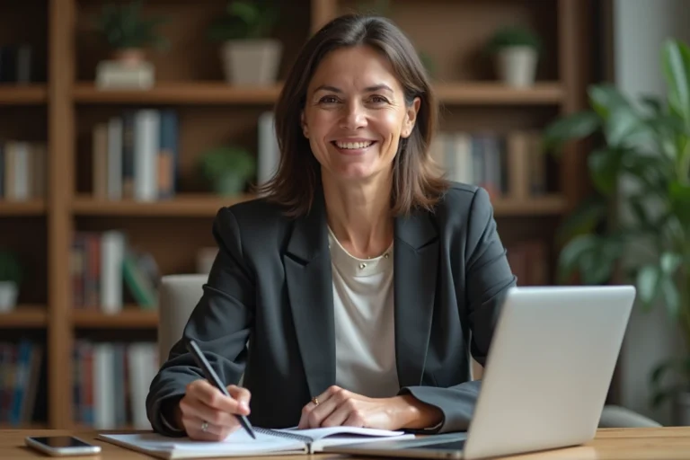 Femme confiante au bureau avec ordinateur et livres finance