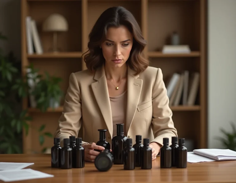 Femme examinant des flacons de parfums Chogan sur une table en bois dans un bureau minimaliste