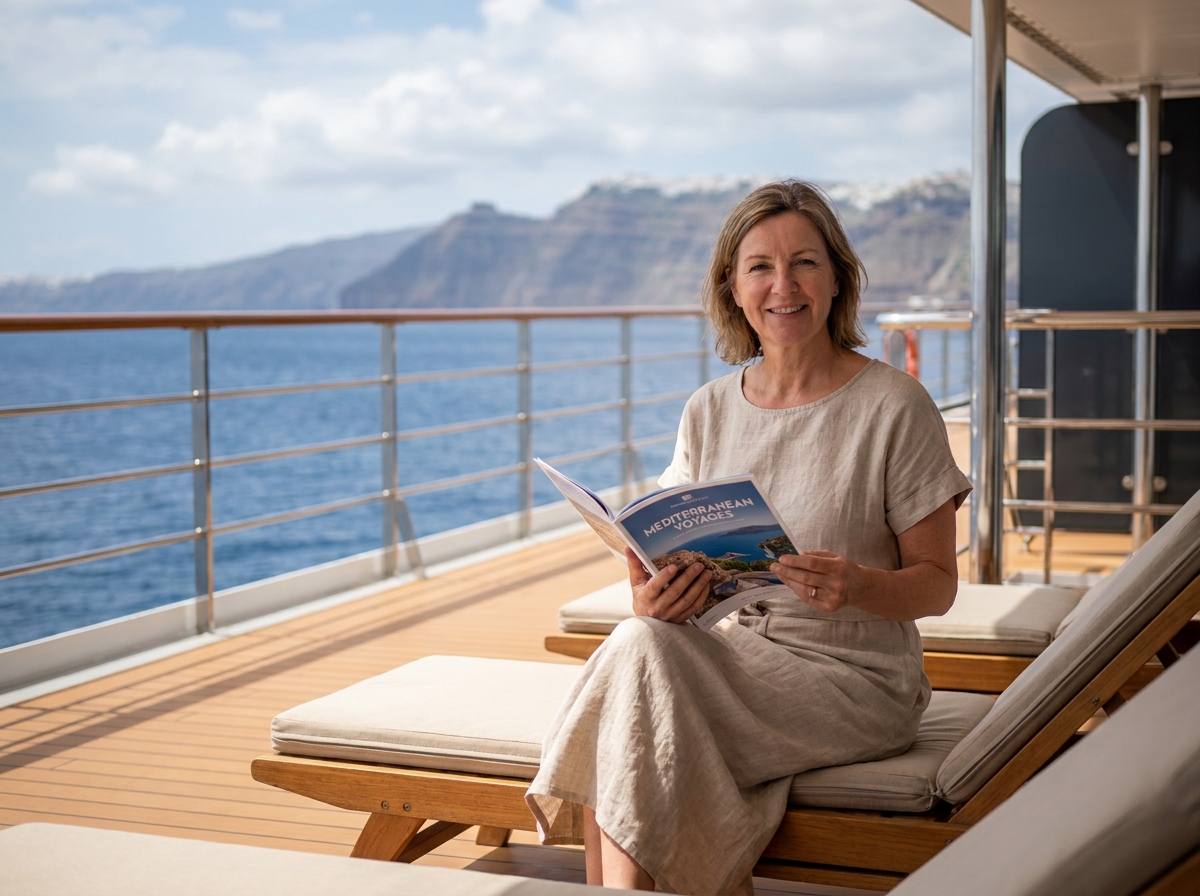Femme détendue lisant brochure sur le pont du bateau