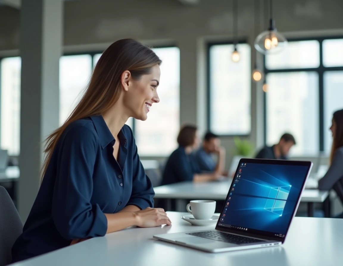 Femme professionnelle en open space consultant des actualités sur Windows 12 sur son ordinateur portable