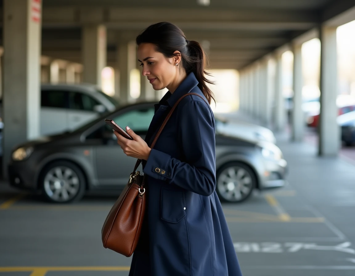 Femme se dirigeant depuis un parking gratuit vers l'entrée de la gare de Rennes avec son téléphone à la main