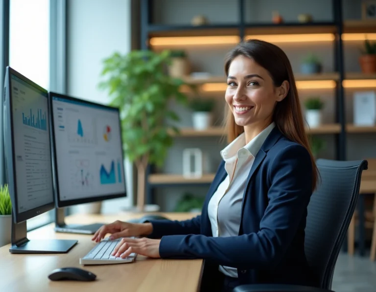 Femme professionnelle analysant des données en ligne dans un bureau moderne pour booster son activité digitale
