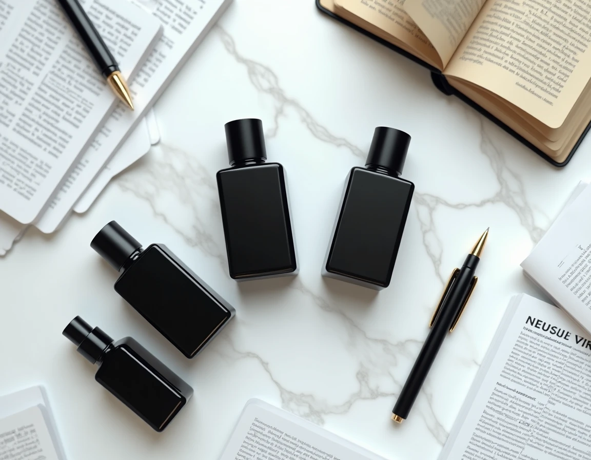 Vue aérienne de flacons de parfum Chogan sur marbre avec documents d'analyse et notes manuscrites