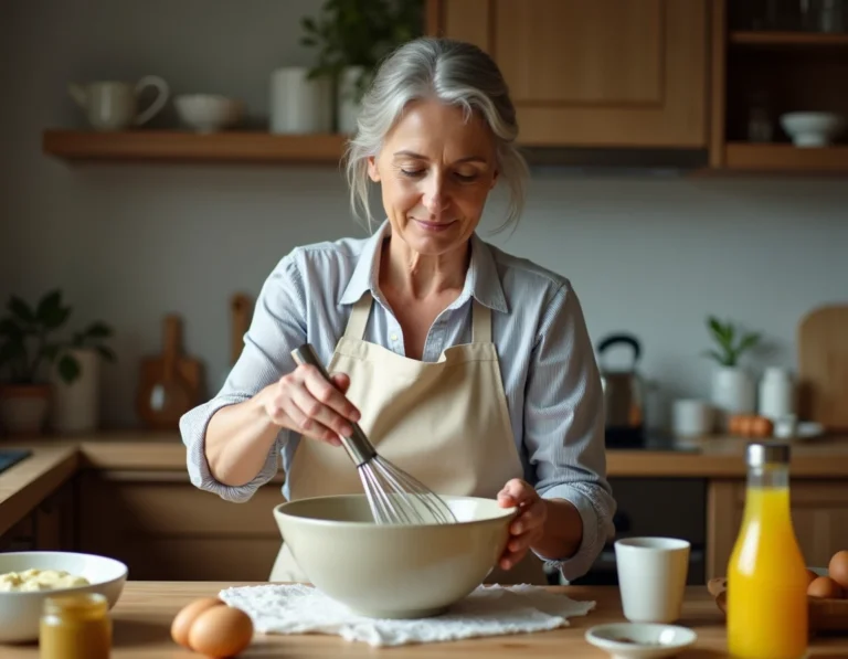 Femme utilisant un fouet ballon en inox pour préparer une mayonnaise maison dans un bol en céramique sur un plan de travail en bois