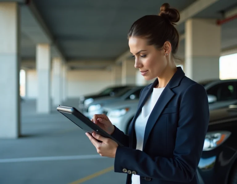 Responsable de flotte automobile consultant un tableau de bord numérique sur tablette dans un parking d'entreprise