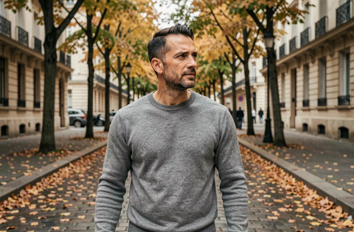Homme marchant dans une rue parisienne en automne, illustrant la discrétion et la vie personnelle de Grégory Patat