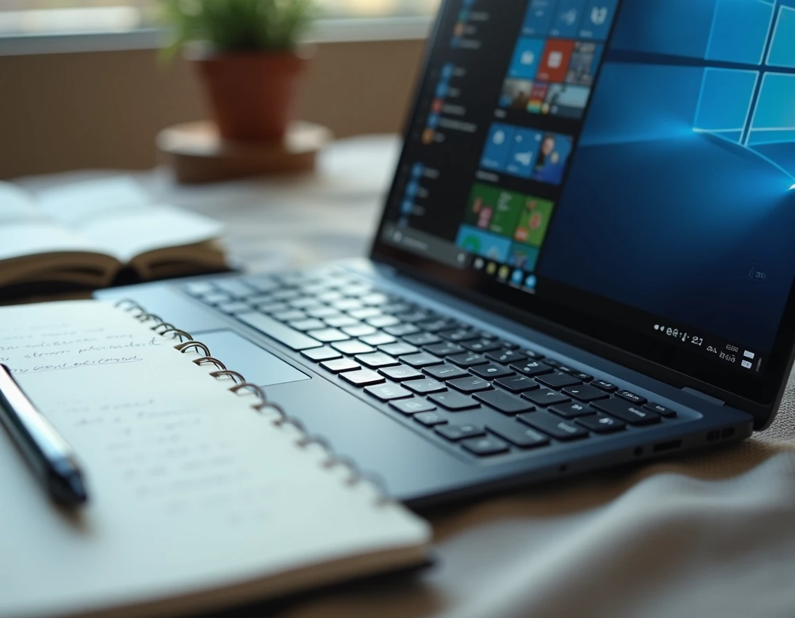 Gros plan sur un ordinateur portable affichant une interface Windows 12 avec un carnet de notes et un stylo sur un bureau en tissu