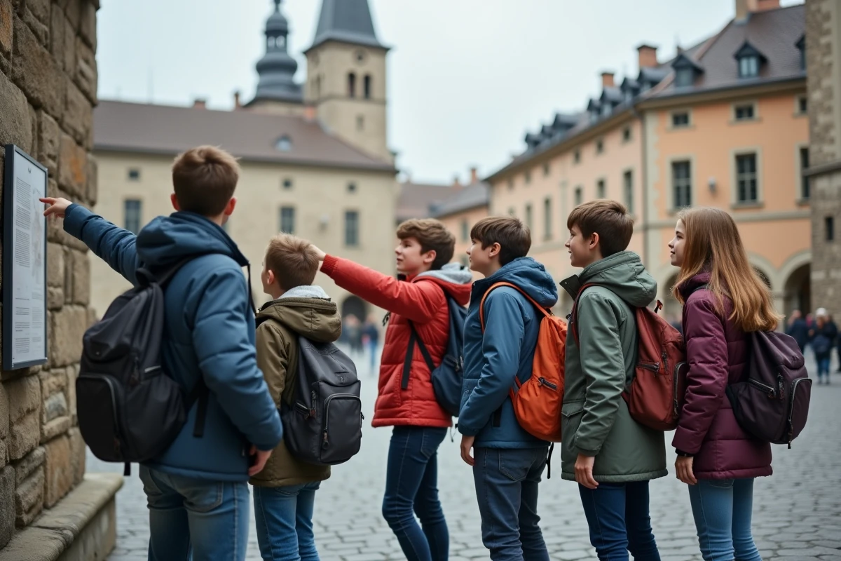 Un groupe d'élèves en voyage scolaire découvrant un monument historique européen lors d'une sortie pédagogique organisée