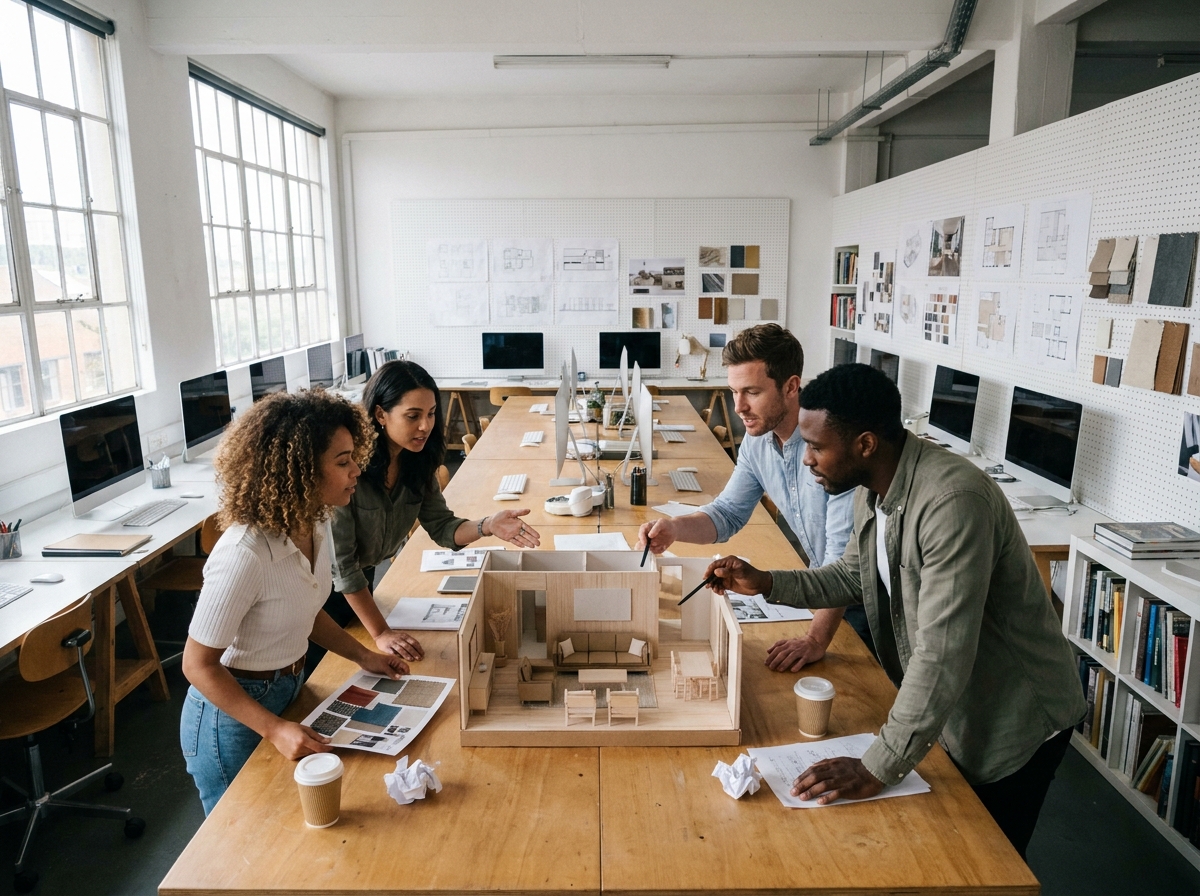 Groupe d'étudiants en design d'intérieur analysant une maquette d'espace de vie lors d'une session de critique en atelier