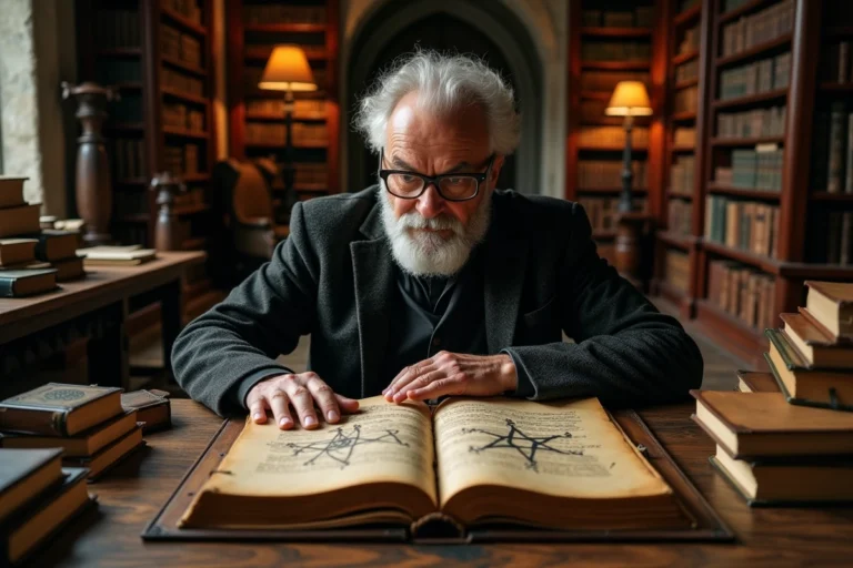 Historien examinant un manuscrit ancien avec un pentagramme dessiné à la main dans une bibliothèque universitaire