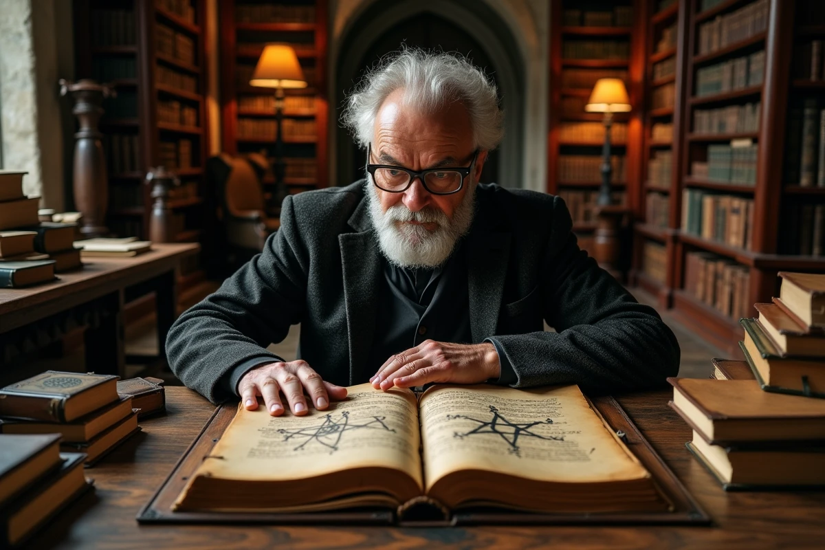 Historien examinant un manuscrit ancien avec un pentagramme dessiné à la main dans une bibliothèque universitaire