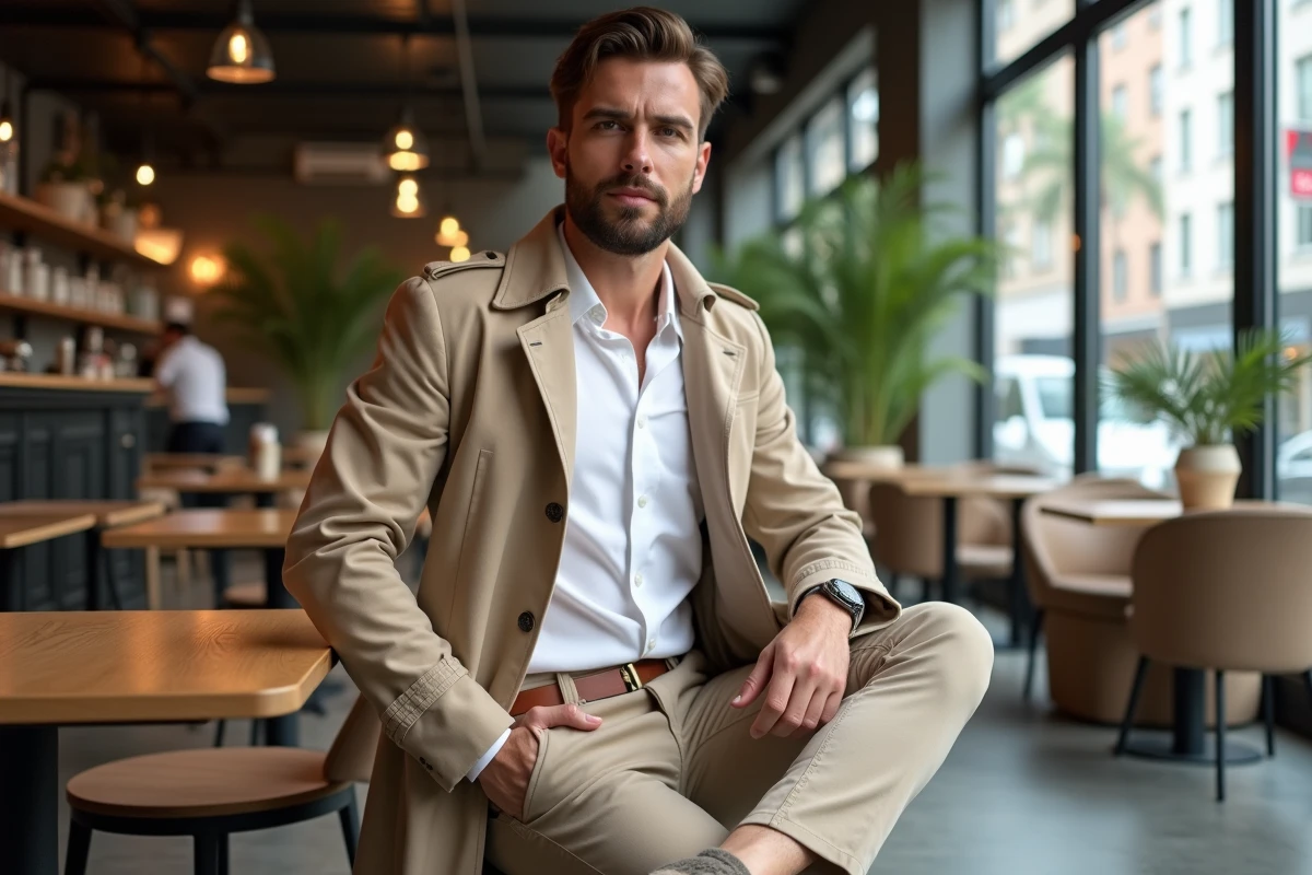 Homme en trench dans un cafe moderne et lumineux
