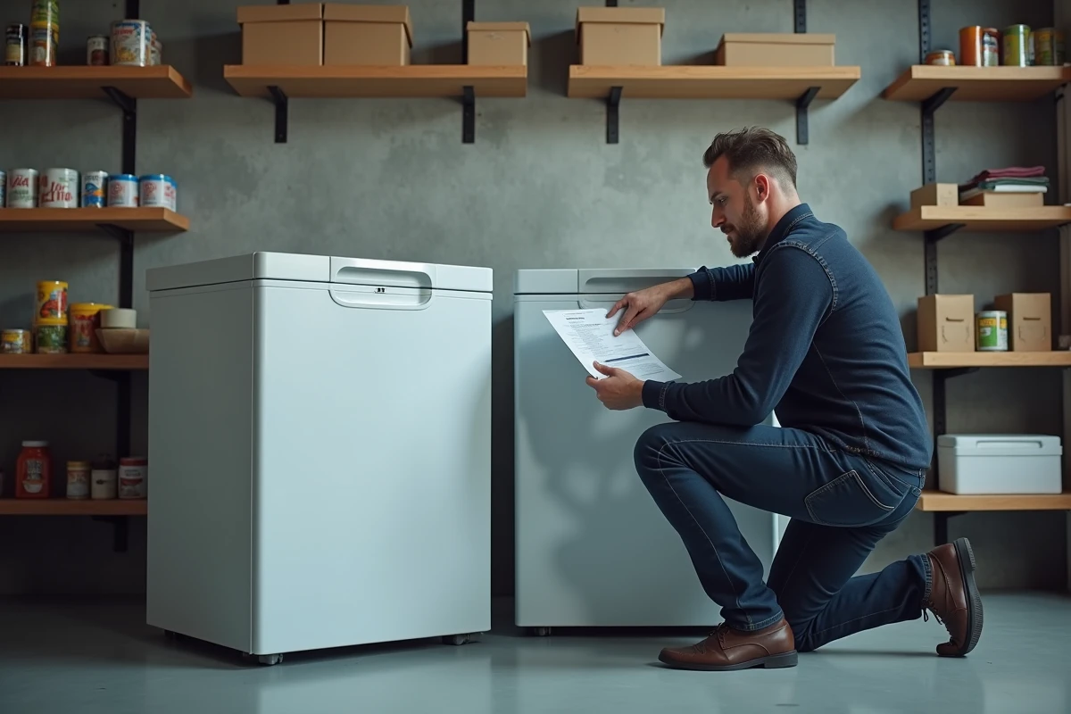 Homme comparant deux modèles de surgélateurs coffres dans une cave de rangement domestique