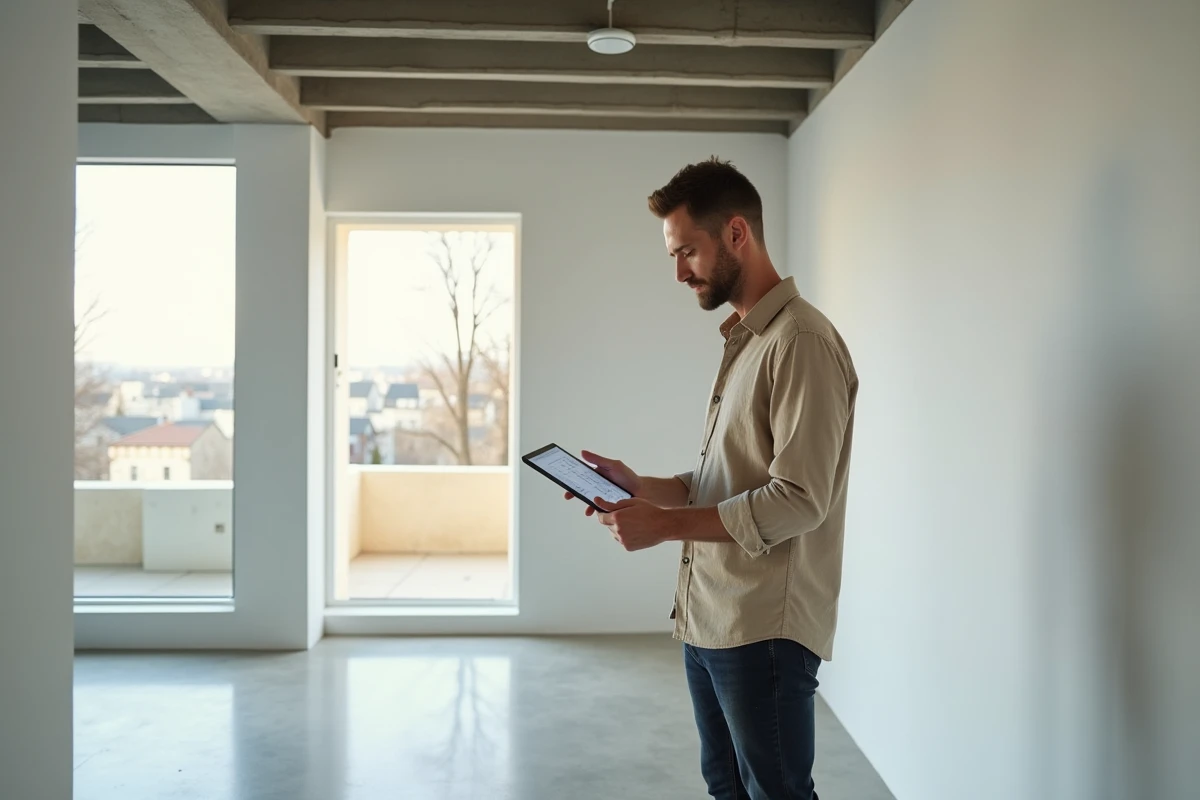 Homme évaluant un appartement rénové avec une tablette affichant des données d'estimation immobilière