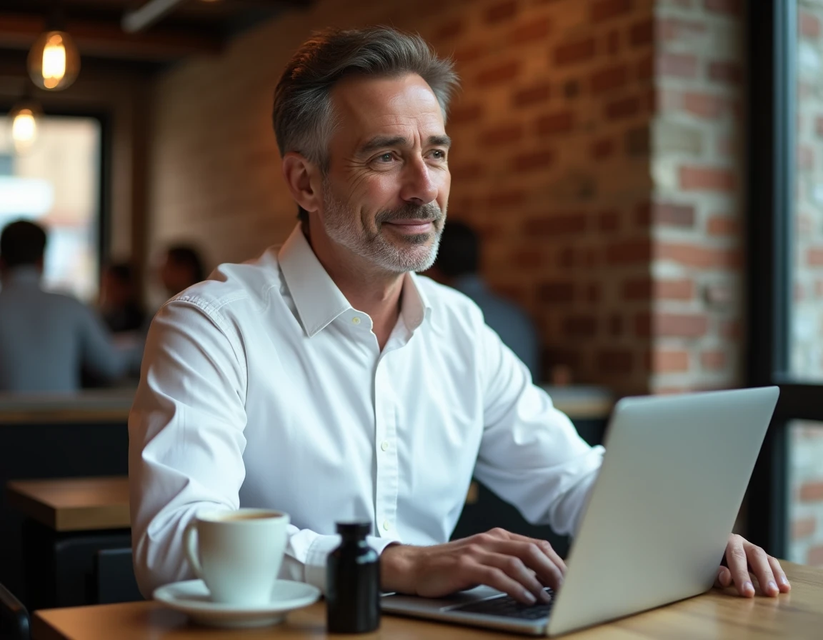 Homme assis dans un café avec un flacon de parfum et un ordinateur portable, témoignage distributeur Chogan