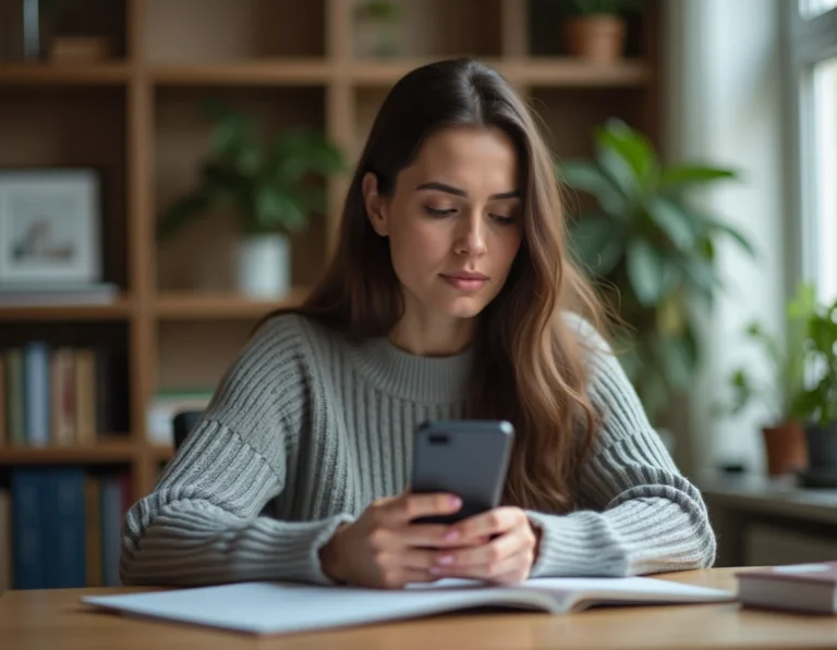 Femme consultant son smartphone pour identifier un numéro de téléphone inconnu commençant par 06