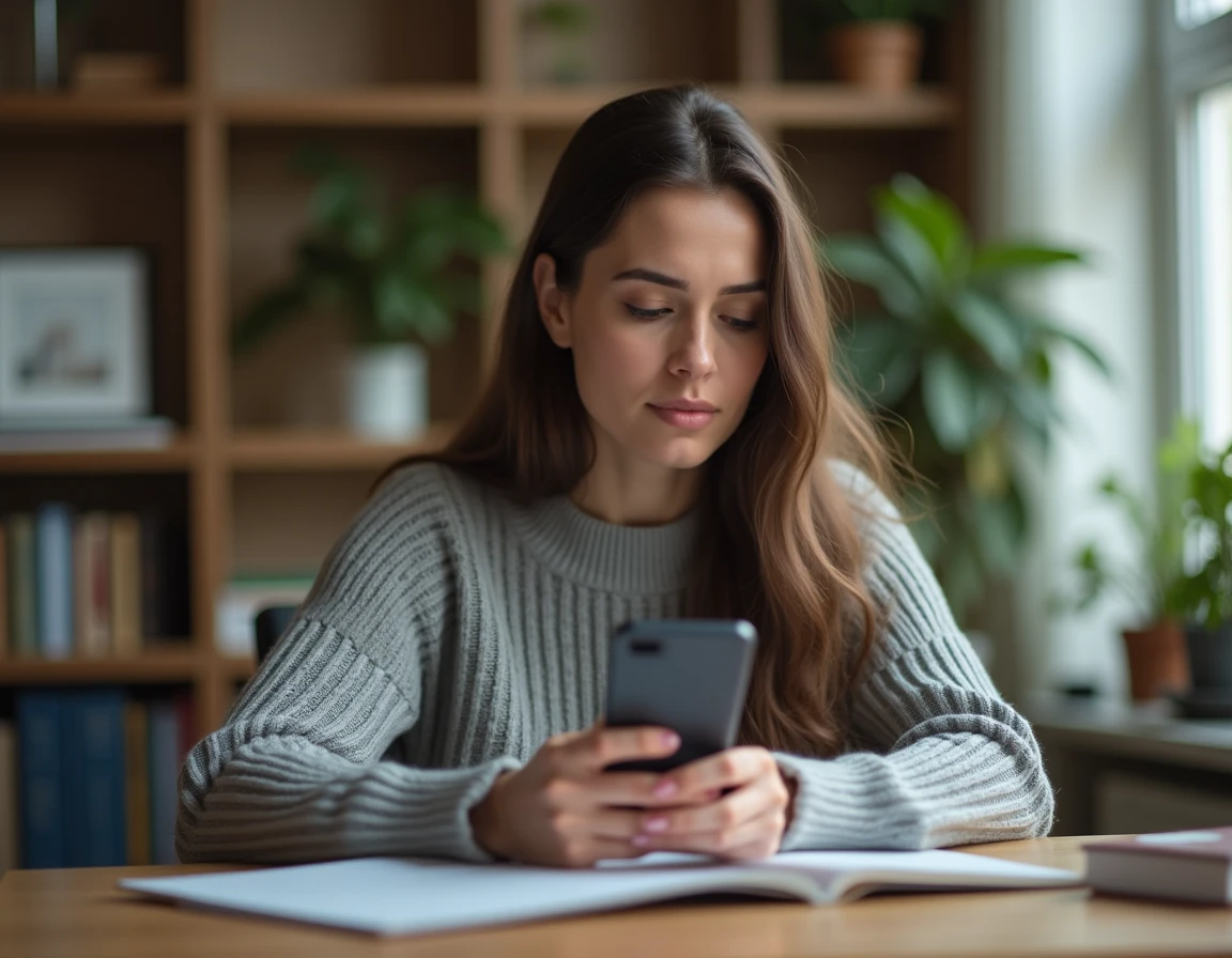 Femme consultant son smartphone pour identifier un numéro de téléphone inconnu commençant par 06