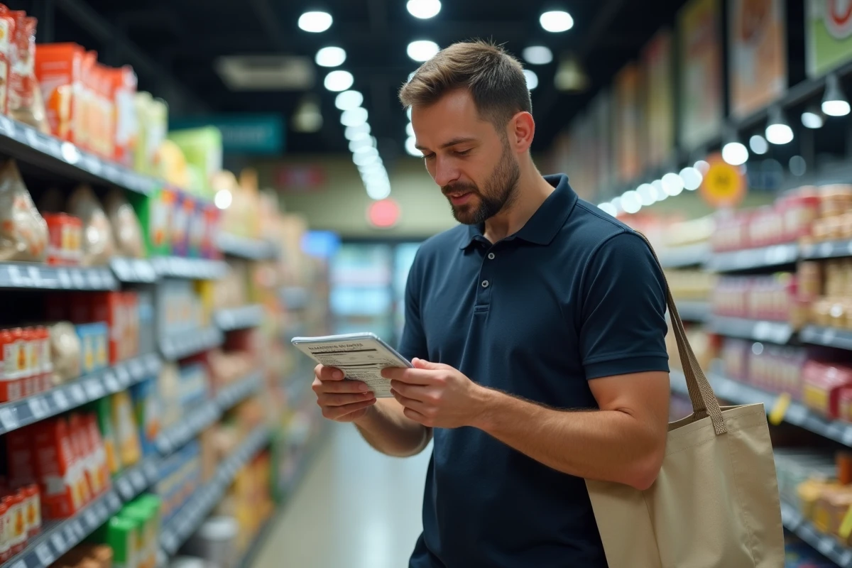 Homme lisant l'étiquette nutritionnelle d'un produit en supermarché pour calculer ses SmartPoints ou ProPoints WW