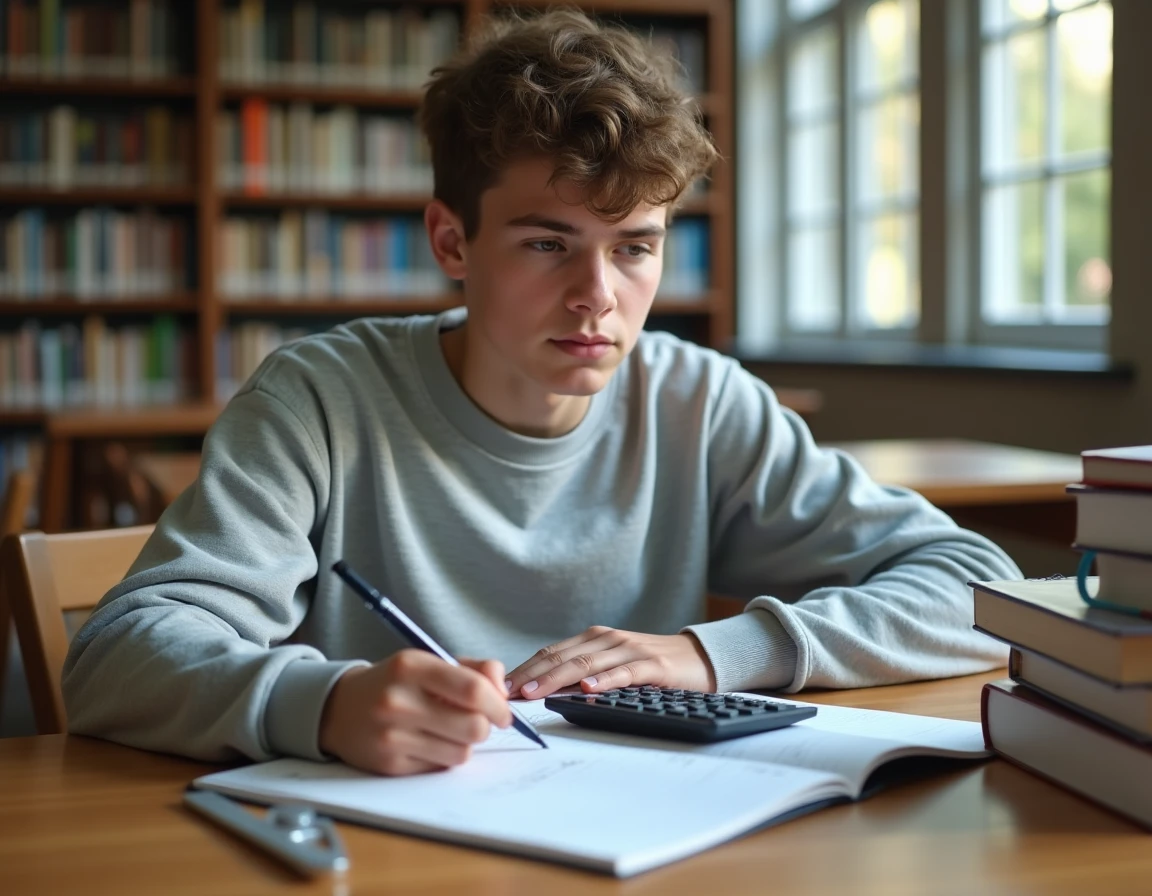 Lycéen en classe de seconde calculant sa moyenne scolaire dans une bibliothèque avec un carnet de notes
