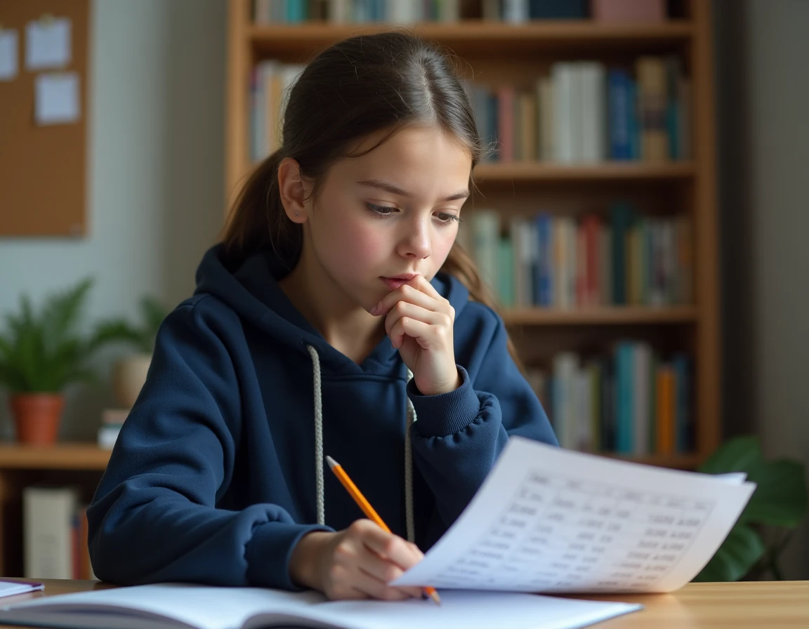 Lycéenne en seconde qui consulte son bulletin de notes avec des moyennes scolaires sur un bureau en bois