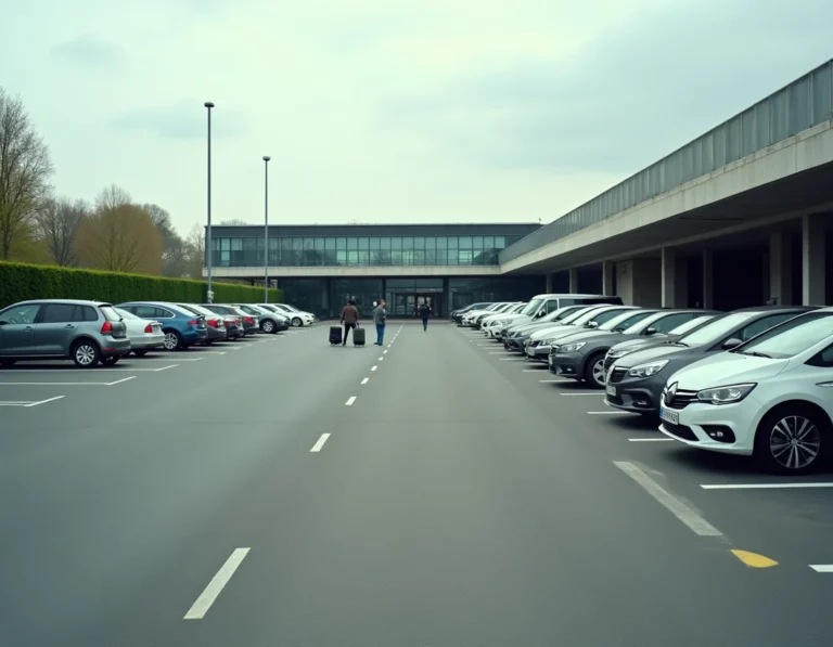 Parking gratuit extérieur devant la gare de Rennes avec voitures garées et façade de la gare en arrière-plan